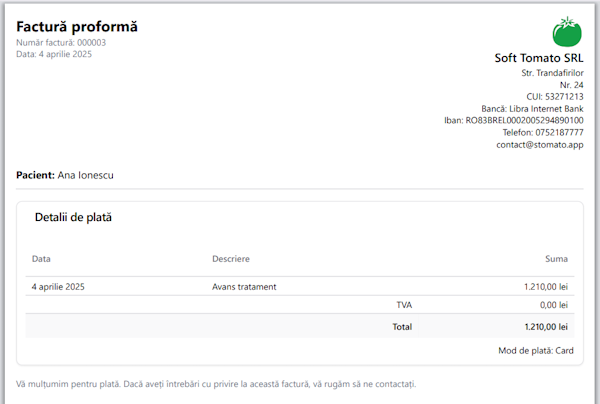 Generare factură proformă din plan de tratament