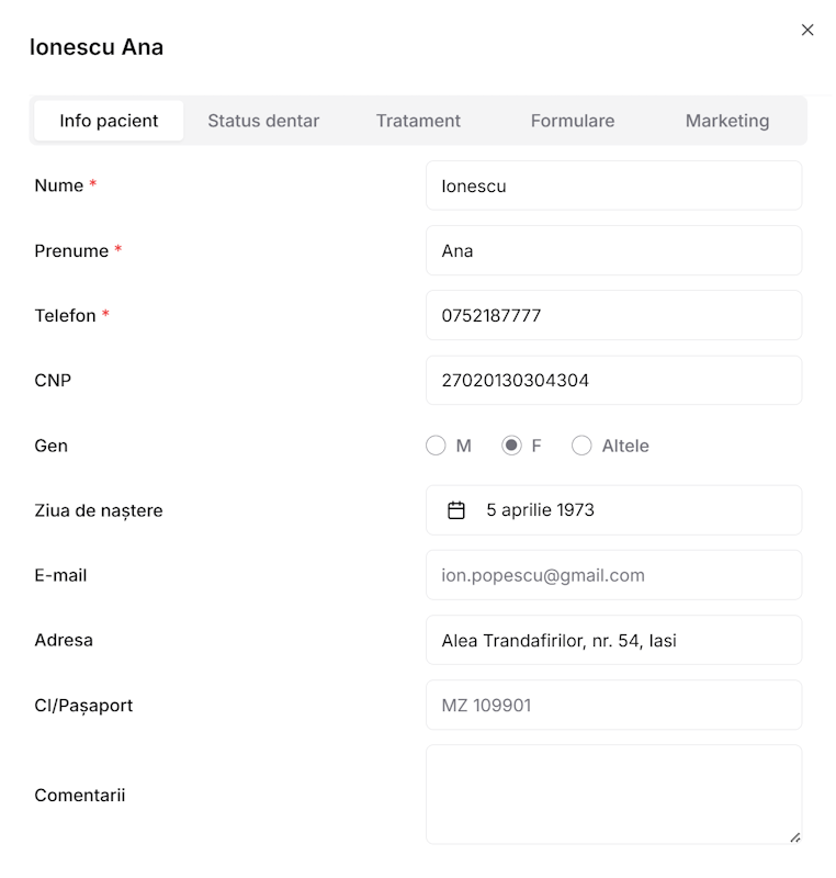 Profil pacient cu istoric medical complet