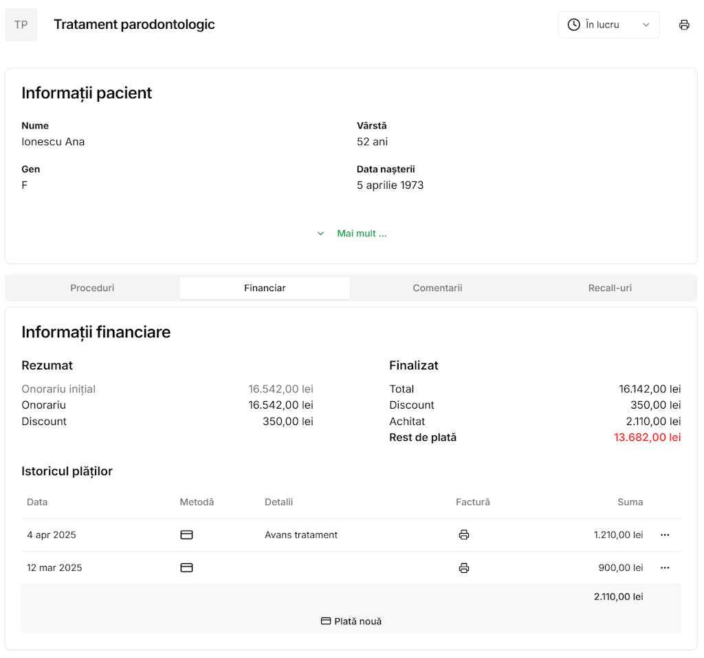 Urmărire progres plan de tratament cu plăți