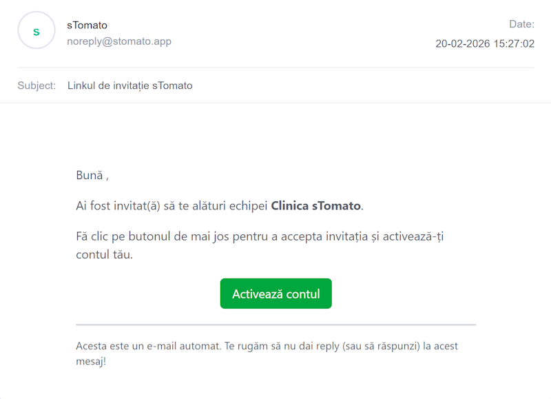 Invitații email și jurnal activitate