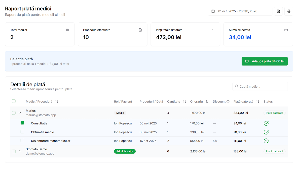 Calcul automat comisioane medici