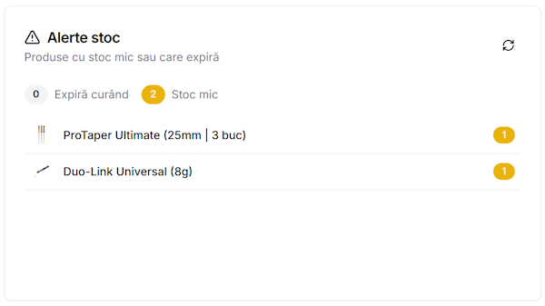 Inventar live cu alerte stoc minim
