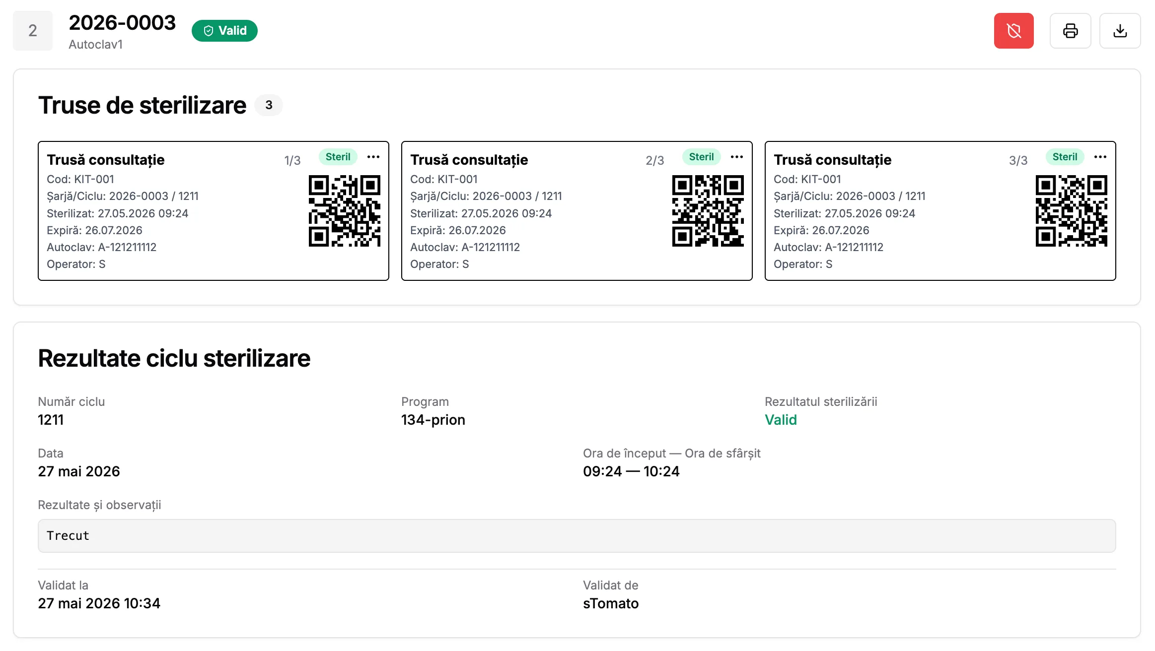 O șarjă validată, cu etichetele QR ale truselor și rezultatele ciclului